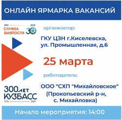 25 марта Центр занятости г. Киселевска проведет онлайн-ярмарку вакансий