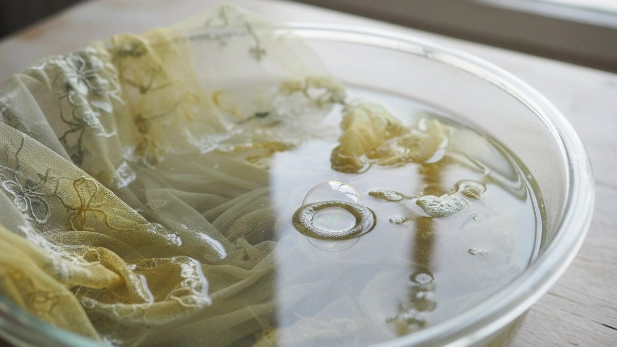 1 пузырёк в таз при замачивании: Желто-серый тюль станет снова белее первого снега