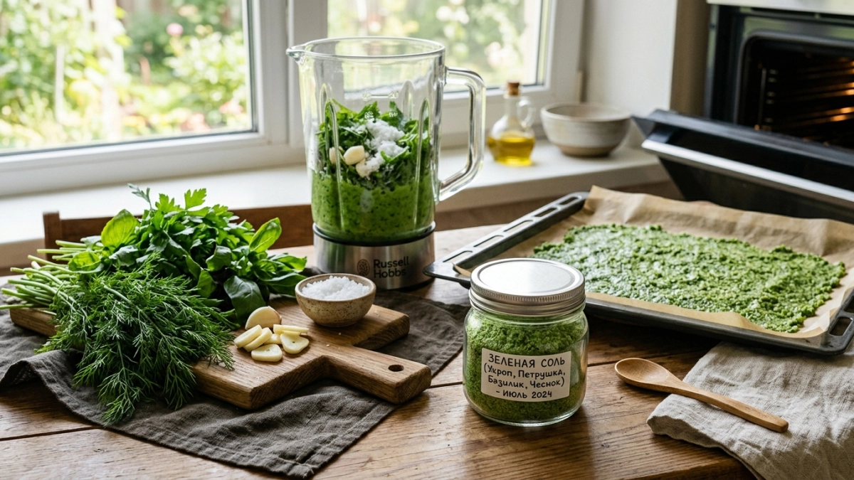 Пока зелень свежая — готовлю зеленую соль: ароматнее и вкуснее, чем с грядки — приправы не использую