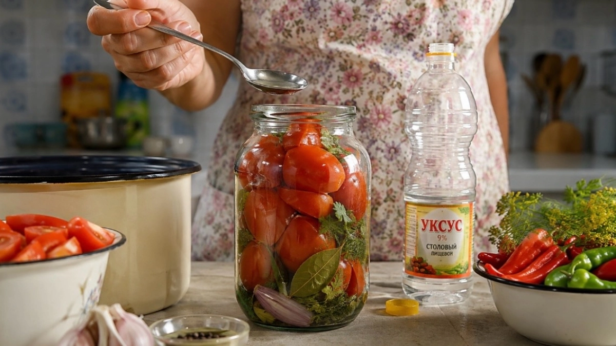 С ложкой уксуса зависаю над банкой с помидорами: кажется, лей на вкус, а вот и нет — лью по ГОСТу СССР на 1 л