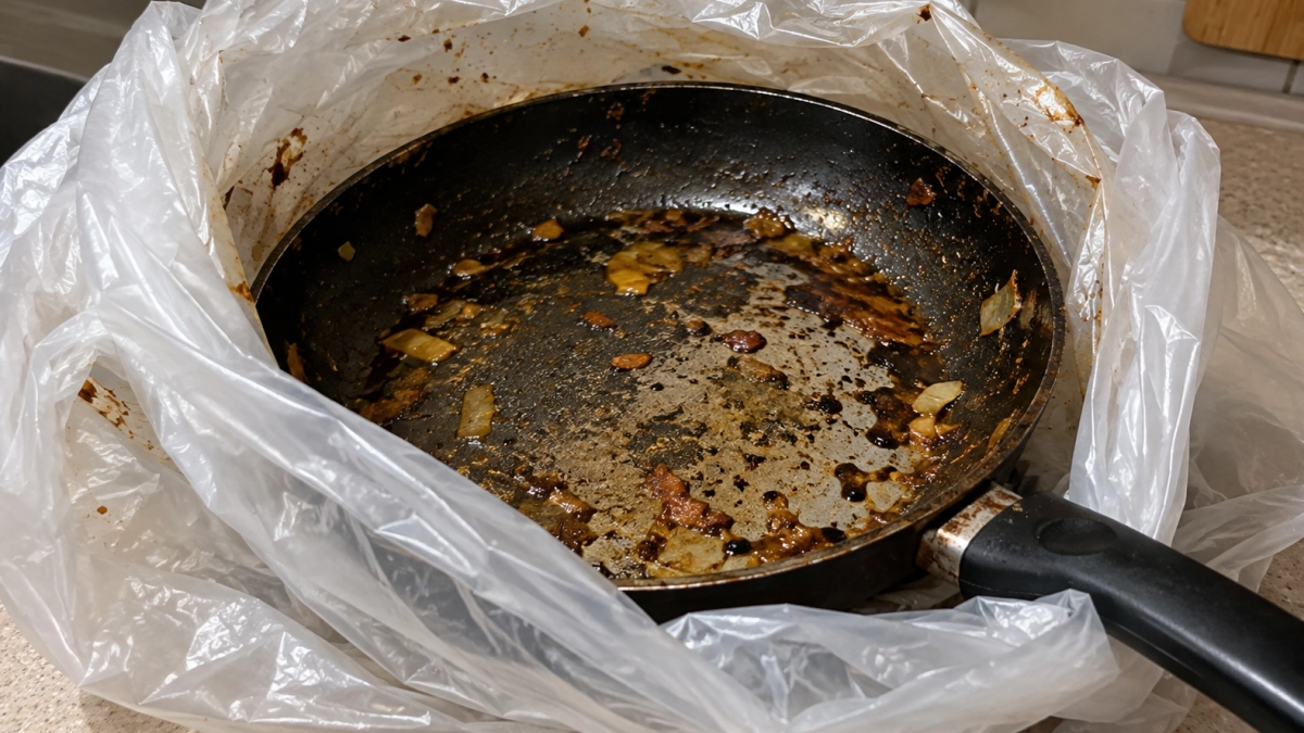 Сковородку больше не оттираю часами: прячу в обычный пакет — и застарелый нагар становится податливым