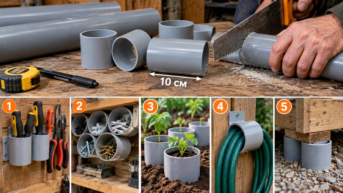 Обрезки ПВХ-трубы режут на кругляши по 10 см: 5 полезных вещей для гаража и дачи