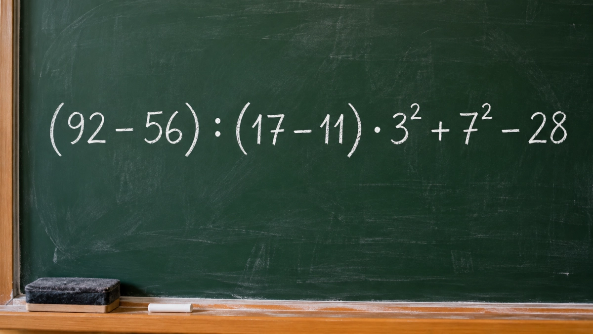 Всего одна ошибка — и ответ неверный: решите пример (92 − 56) : (17 − 11) · 3² + 7² − 28 