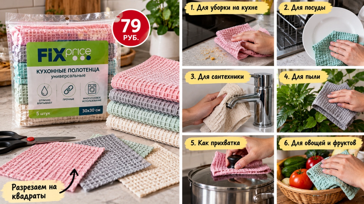 Кухонные полотенца из Fix Price за 79 рублей скупают пачками: разрезают на квадраты и находят 5+ полезных применений 