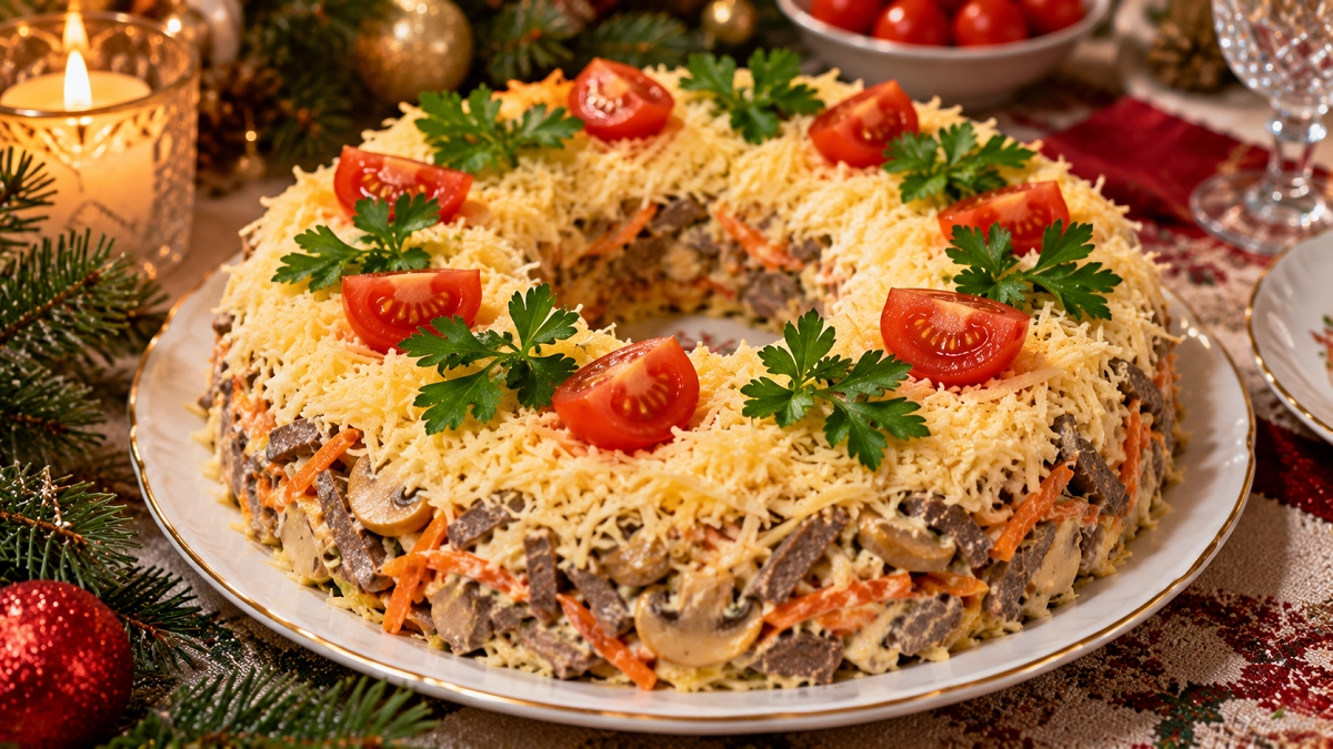 Салат "Колесо Фортуны" на Новый год: вкусный, сытный и нежнейший - ловим Удачу за хвост вместе с Огненной Козочкой еще до курантов