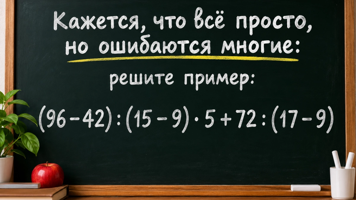 Кажется, что всё просто, но ошибаются многие: решите пример (96 − 42) : (15 − 9) · 5 + 72 : (17 − 9)
